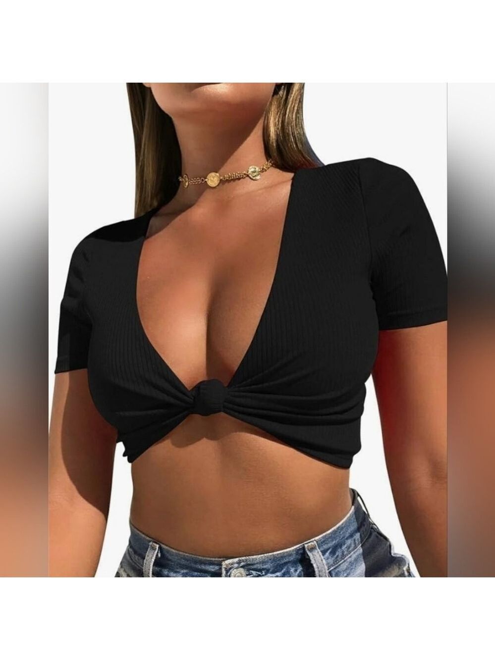 Mizoci Women's Sexy Knot Front Black Ribbed Crop Top XS - New With Tags